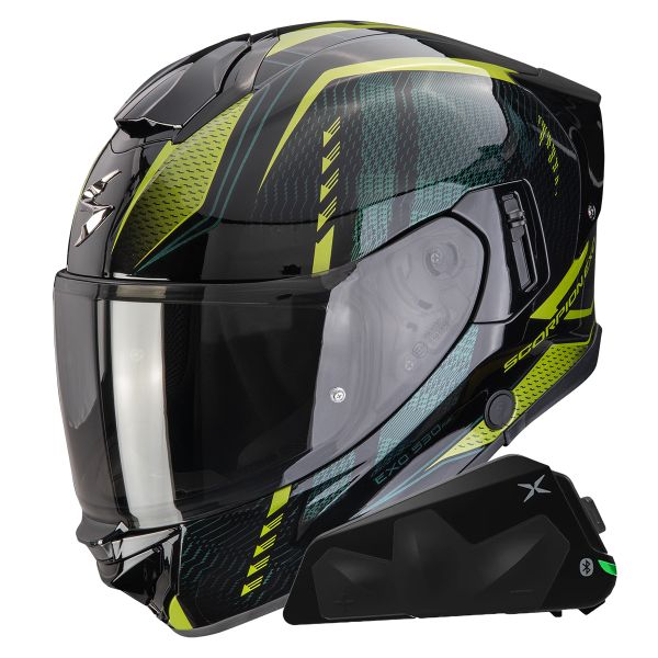 Full Face Scorpion Exo 530 Air Theras Black Green + Kit bluetooth Exo-Com Link-1C