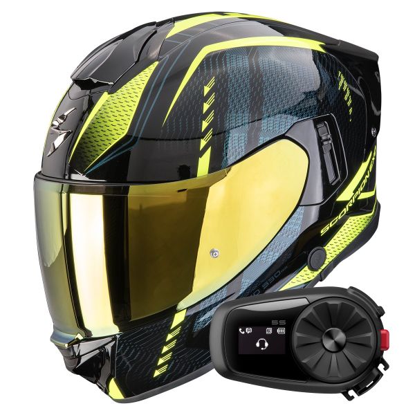 Full Face Scorpion Exo 530 Air Theras Black Neon Yellow + Kit Bluetooth 5S Solo