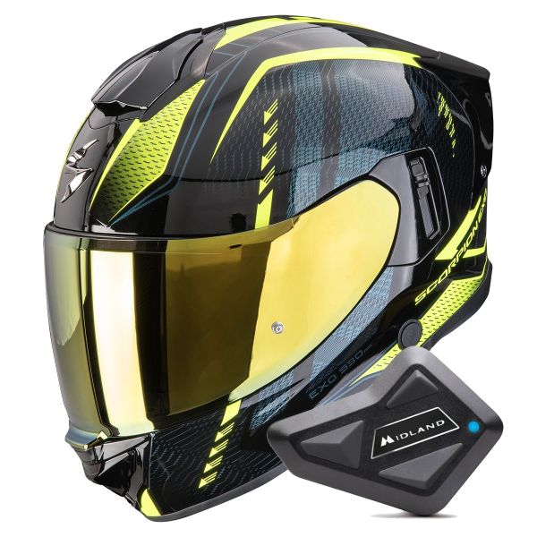 Full Face Scorpion Exo 530 Air Theras Black Neon Yellow + Kit Bluetooth BT Mini