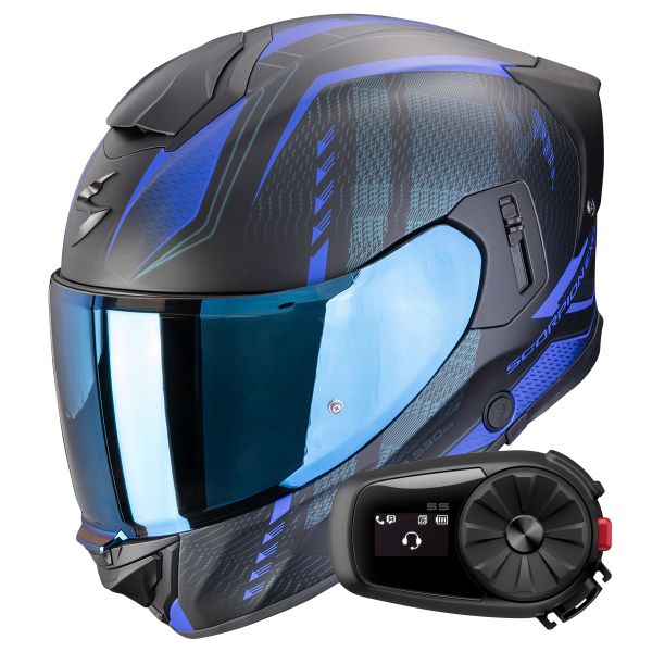 Full Face Scorpion Exo 530 Air Theras Matt Black Blue + Kit Bluetooth 5S Solo