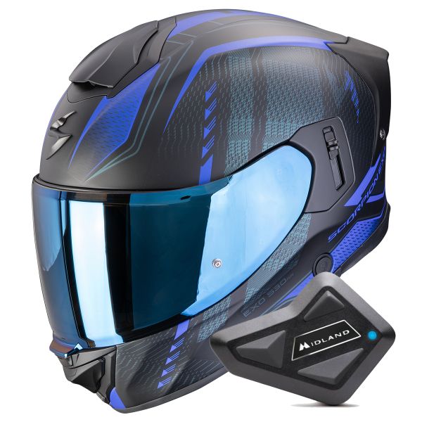 Full Face Scorpion Exo 530 Air Theras Matt Black Blue + Kit Bluetooth BT Mini