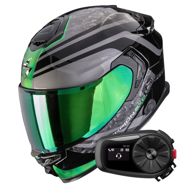 Full Face Scorpion Exo GT SP Air Arten Black Green + Kit Bluetooth 5S Solo