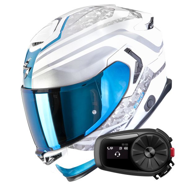 Full Face Scorpion Exo GT SP Air Arten White Blue + Kit Bluetooth 5S Solo