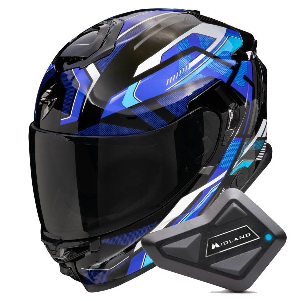 Full Face Scorpion Exo GT SP Air Augusta Black Grey Blue + Kit Bluetooth BT Mini