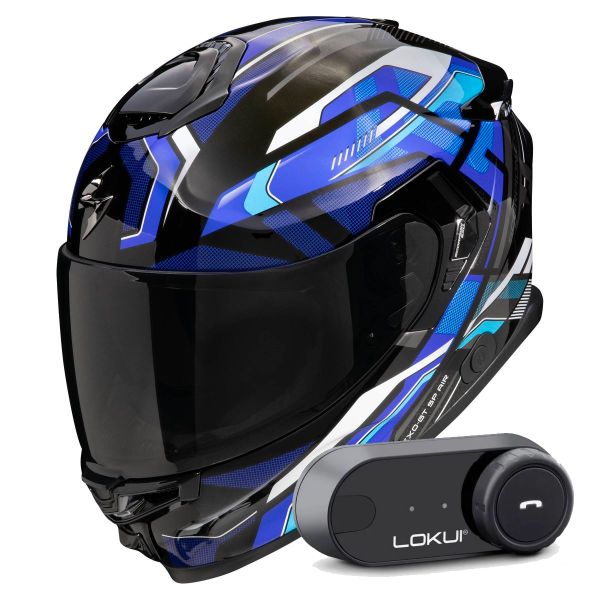 Full Face Scorpion Exo GT SP Air Augusta Black Grey Blue + Kit Bluetooth Lokui K30