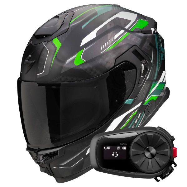 Full Face Scorpion Exo GT SP Air Augusta Black Grey Green + Kit Bluetooth 5S Solo