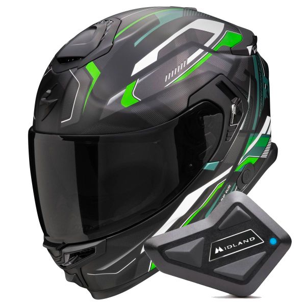 Full Face Scorpion Exo GT SP Air Augusta Black Grey Green + Kit Bluetooth BT Mini