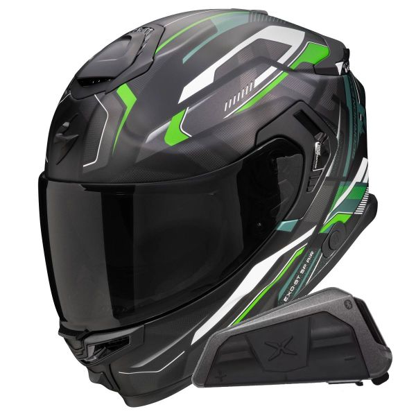 Full Face Scorpion Exo GT SP Air Augusta Black Grey Green + Kit bluetooth Exo-Com Link-1