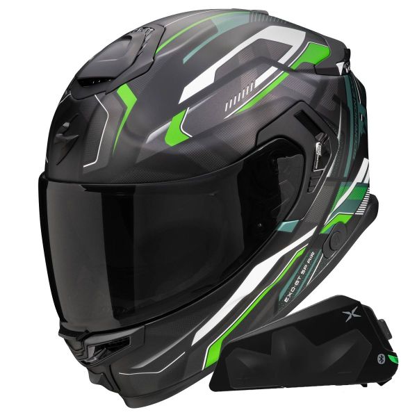 Full Face Scorpion Exo GT SP Air Augusta Black Grey Green + Kit bluetooth Exo-Com Link-1C