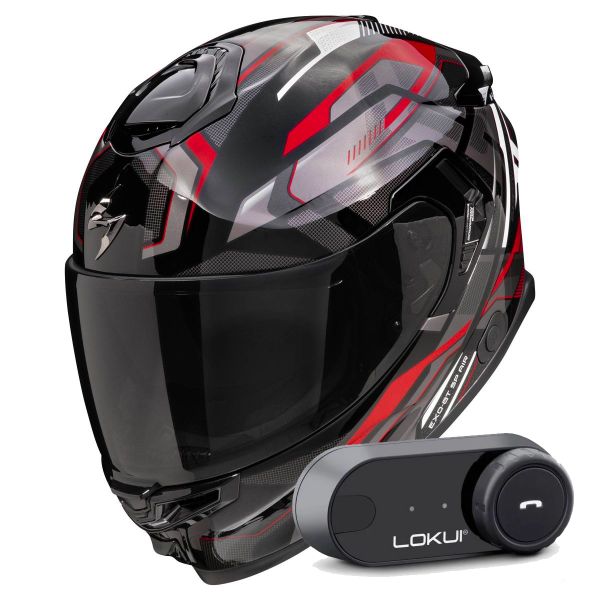 Full Face Scorpion Exo GT SP Air Augusta Black Grey Red + Kit Bluetooth Lokui K30