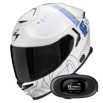 Full Face Scorpion Exo GT SP Air Techlane White Blue Yellow fluo + Kit bluetooth 5R Lite