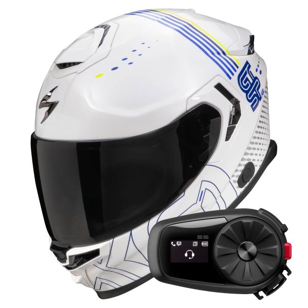 Full Face Scorpion Exo GT SP Air Techlane White Blue Yellow fluo + Kit Bluetooth 5S Solo