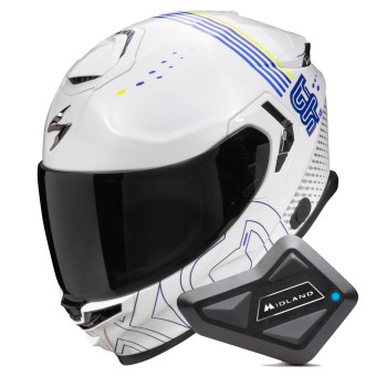 Full Face Scorpion Exo GT SP Air Techlane White Blue Yellow fluo + Kit Bluetooth BT Mini