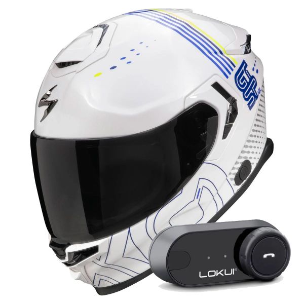 Full Face Scorpion Exo GT SP Air Techlane White Blue Yellow fluo + Kit Bluetooth Lokui K30