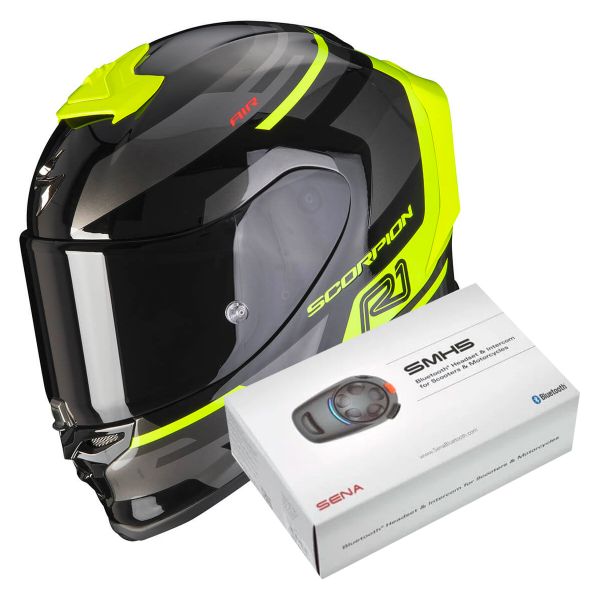 Full Face Scorpion Exo R1 Air Orbis Black Neon Yellow + Kit Bluetooth SMH5