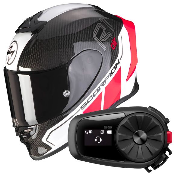 Full Face Scorpion Exo R1 Carbon Air Corpus II Black Neon Red + Kit Bluetooth 5S