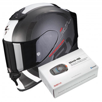 Full Face Scorpion Exo R1 Carbon Air MG Matt Black White + Kit Bluetooth SMH5