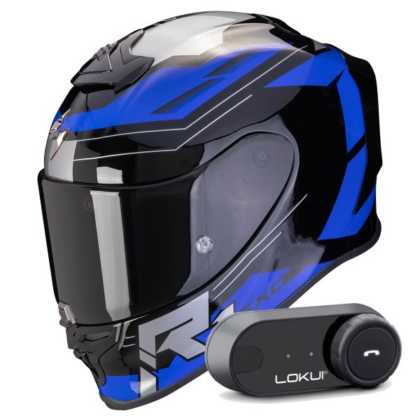 Full Face Scorpion Exo R1 Evo Air Blaze Black Blue + Kit Bluetooth Lokui K30