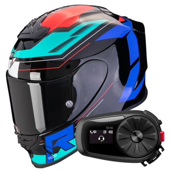 Full Face Scorpion Exo R1 Evo Air Blaze Black Blue Red + Kit Bluetooth 5S Solo