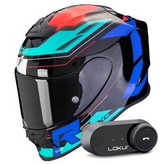Full Face Scorpion Exo R1 Evo Air Blaze Black Blue Red + Kit Bluetooth Lokui K30