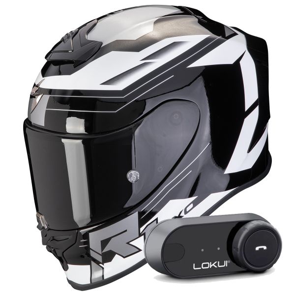 Full Face Scorpion Exo R1 Evo Air Blaze Black White + Kit Bluetooth Lokui K30