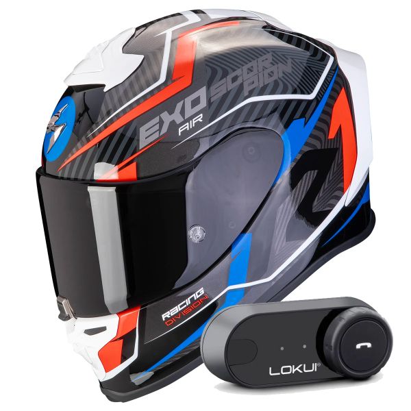 Full Face Scorpion Exo R1 Evo Air Coup Black Red Blue + Kit Bluetooth Lokui K30