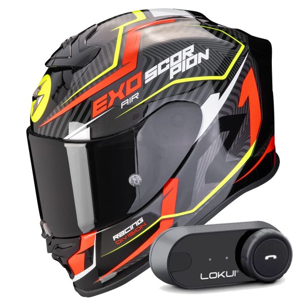 Full Face Scorpion Exo R1 Evo Air Coup Black Red Yellow Fluo + Kit Bluetooth Lokui K30