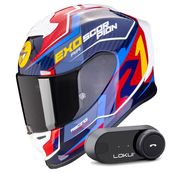 Full Face Scorpion Exo R1 Evo Air Coup Blue Red Yellow + Kit Bluetooth Lokui K30