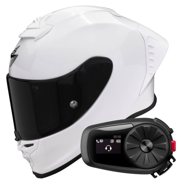 Full Face Scorpion Exo R1 Evo Air FIM Racing Solid Pearl White + Kit Bluetooth 5S Solo