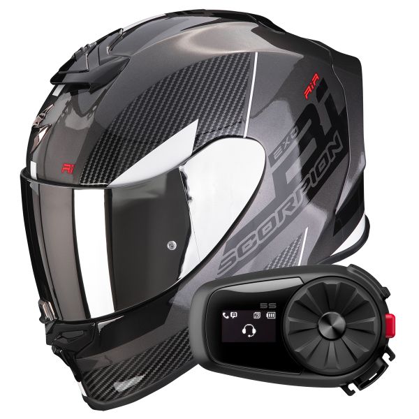 Full Face Scorpion Exo R1 Evo Air Final Dark Silver Black White + Kit bluetooth 5R Lite