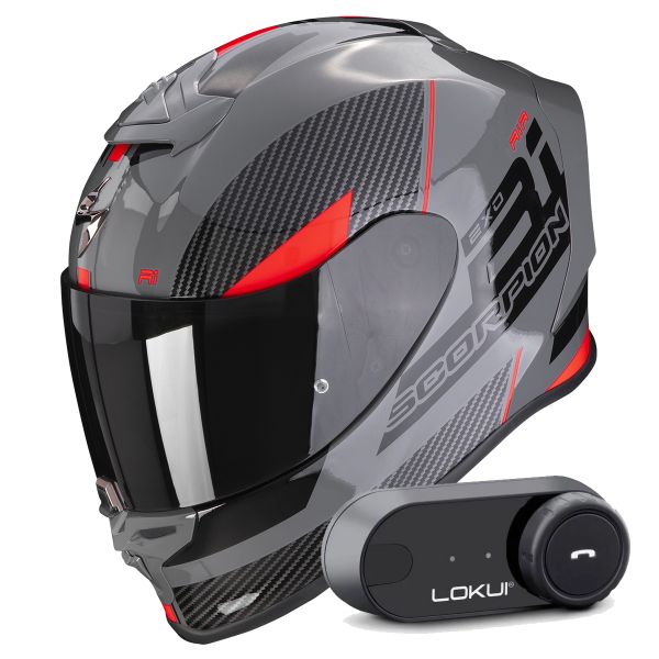 Full Face Scorpion Exo R1 Evo Air Final Grey Black Red + Kit Bluetooth Lokui K30