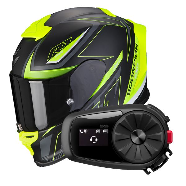 Full Face Scorpion Exo R1 Evo Air Gaz Matt Black Neon Yellow + Intercom Sena 5S