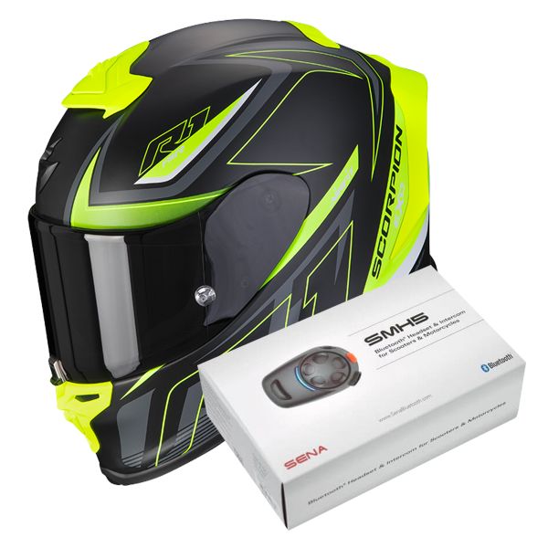 Full Face Scorpion Exo R1 Evo Air Gaz Matt Black Neon Yellow + Intercom Sena SMH5