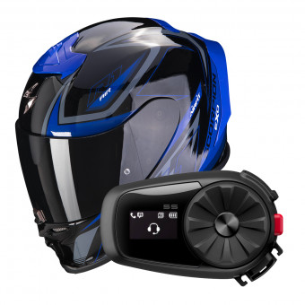 Full Face Scorpion Exo R1 Evo Air Gaz Metal Black Blue + Intercom Sena 5S
