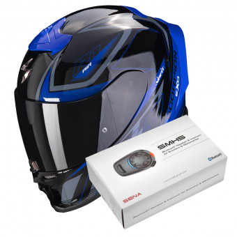 Full Face Scorpion Exo R1 Evo Air Gaz Metal Black Blue + Intercom Sena SMH5