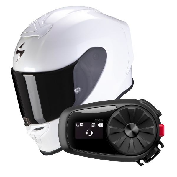 Full Face Scorpion Exo R1 Evo Air Solid Pearl White + Intercom Sena 5S