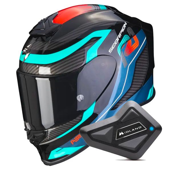 Full Face Scorpion Exo R1 Evo Air Vatis Black Blue Red + Kit Bluetooth BT Mini