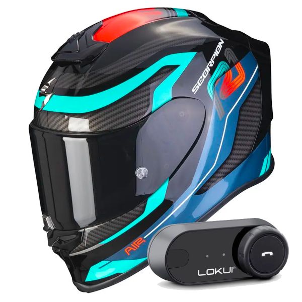 Full Face Scorpion Exo R1 Evo Air Vatis Black Blue Red + Kit Bluetooth Lokui K30