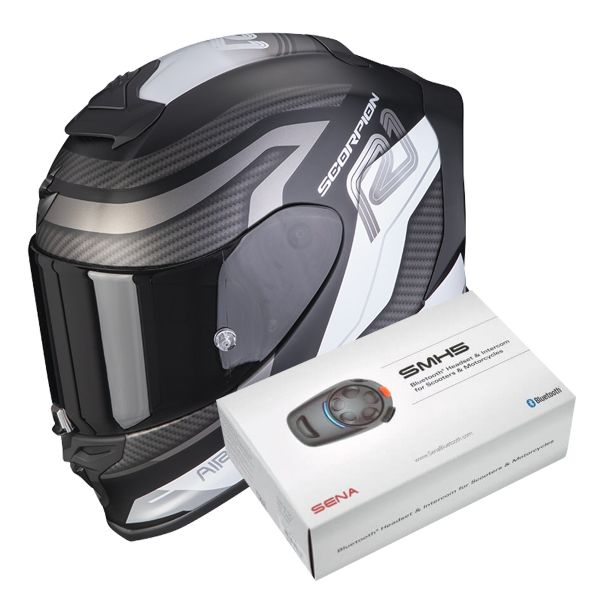 Full Face Scorpion Exo R1 Evo Air Vatis Matt Black White + Intercom Sena SMH5