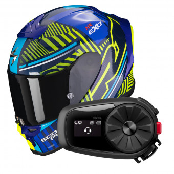Full Face Scorpion Exo R1 Evo Air Victory Blue Neon Yellow + Intercom Sena 5S