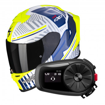 Full Face Scorpion Exo R1 Evo Air Victory White Blue + Intercom Sena 5S