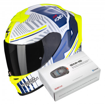 Full Face Scorpion Exo R1 Evo Air Victory White Blue + Intercom Sena SMH5
