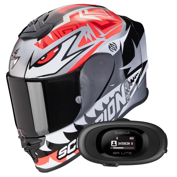 Full Face Scorpion Exo R1 Evo Air Zaccone Silver Black Red + Kit bluetooth 5R Lite Solo