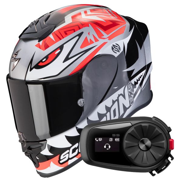 Full Face Scorpion Exo R1 Evo Air Zaccone Silver Black Red + Kit Bluetooth 5S Solo