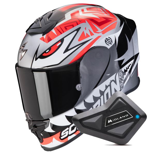 Full Face Scorpion Exo R1 Evo Air Zaccone Silver Black Red + Kit Bluetooth BT Mini
