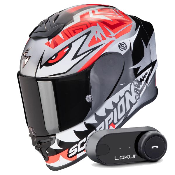 Full Face Scorpion Exo R1 Evo Air Zaccone Silver Black Red + Kit Bluetooth Lokui K30