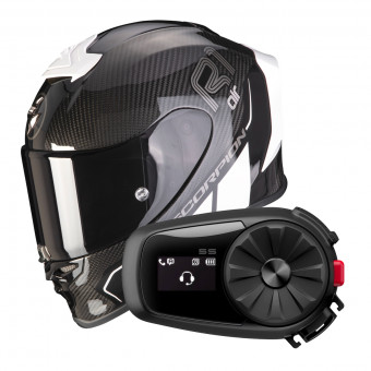 Full Face Scorpion Exo R1 Evo Carbon Air Corpus II Black White + Intercom Sena 5S