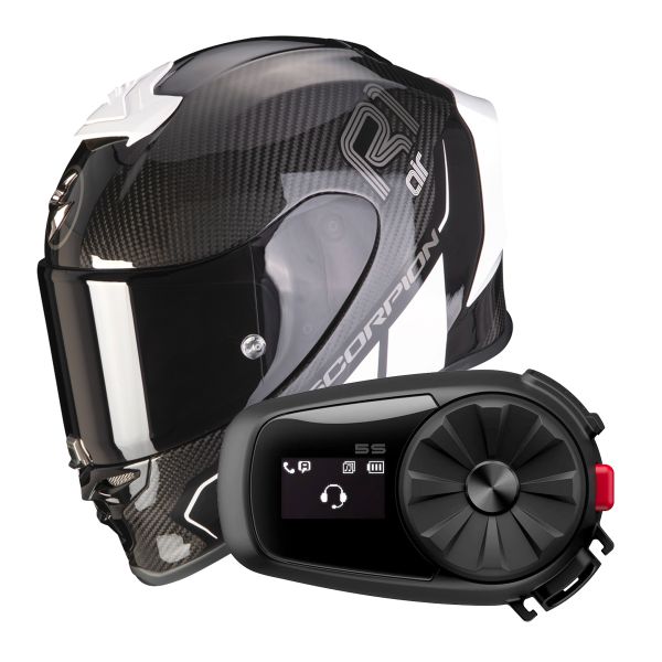 Full Face Scorpion Exo R1 Evo Carbon Air Corpus II Black White + Intercom Sena 5S