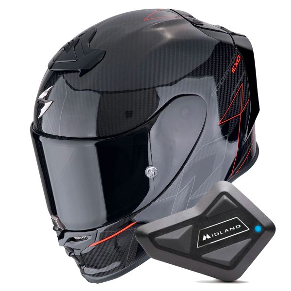 Full Face Scorpion Exo R1 Evo Carbon Air Cynergy Black Red + Kit Bluetooth BT Mini Full Face Scorpion Exo R1 Evo Carbon Air Cynergy Black Red + Kit Bluetooth BT Mini
