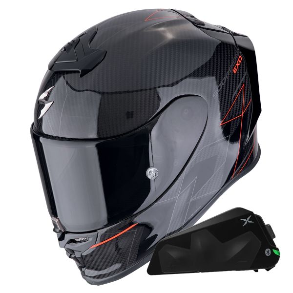 Full Face Scorpion Exo R1 Evo Carbon Air Cynergy Black Red + Kit bluetooth Exo-Com Link-1C